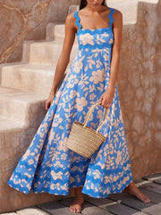 Printed Square Neck Charming Strap Maxi Dress InsStreet