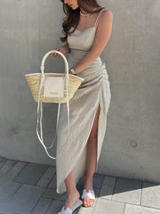 Summer Ruched Side Charming Slit Midi Dress InsStreet