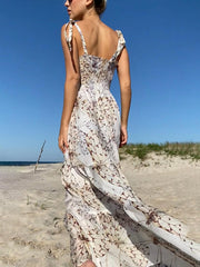 Elegant Vacation Print Charming Pleated Tiered Dress InsStreet