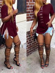 Side-Slit Slogan T-shirt Ins Street