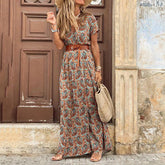 Autumn Female Short Sleeve Sexy High Split Maxi Boho Dress InsStreet