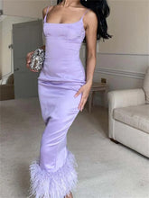 Elegant Sleeveless Strap Summer Party Clubwear Sexy Women Aquare Neck Feather Patchwork Slim Vestido InsStreet