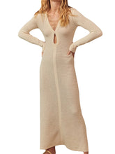 Elegant Women Knitted Sleeve Deep V Neck Front Hollow Out Solid Color Slim Beach Vestidos InsStreet