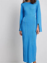 Elegant Women Knitted Patchwork Vintage Flare Sleeve Round Neck Slim Fit Solid Party Vestidos InsStreet