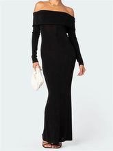 Elegant Women Slash Neck Off Shoulder Bodycon Black Solid Sleeve Party Formal Female Vestidos InsStreet