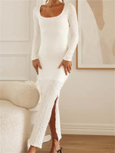 Elegant Women Sleeve Ruched Round Neck Low Cut Side High Split White Party Female Vestidos InsStreet