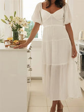 Elegant Women A-Line Short Puff Sleeve V Neck Back Tie-up Knotted Summer Party Female Vestidos InsStreet