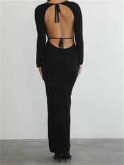 Elegant Women Round Neck Party Solid Color Sleeve Backless Tie Up Party Female Vestidos InsStreet