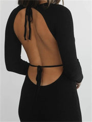 Elegant Women Round Neck Party Solid Color Sleeve Backless Tie Up Party Female Vestidos InsStreet