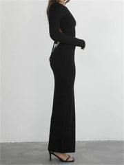 Elegant Women Round Neck Party Solid Color Sleeve Backless Tie Up Party Female Vestidos InsStreet