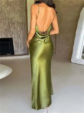 Elegant Women Satin V-neck Low Cut Spaghetti Strap Backless Ruched High Split Party Female Vestidos InsStreet