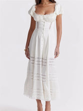 Elegant Women Short Sleeve Front Buttons Up Lace Hollow Out High Waist White OL Summer Vestidos InsStreet