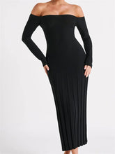 Elegant Women Slash Neck Off-Shoulder Solid Sleeve Backless Party Pleated Slim Vestidos InsStreet