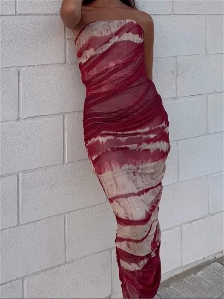 Irregular Tie Dyeing Print Tube for Women Summer Beach Party Clubwear Strapless Off Shoulder Ruched Dress InsStreet