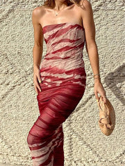 Irregular Tie Dyeing Print Tube for Women Summer Beach Party Clubwear Strapless Off Shoulder Ruched Dress InsStreet