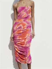 Irregular Tie Dyeing Print Tube for Women Summer Beach Party Clubwear Strapless Off Shoulder Ruched Dress InsStreet