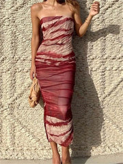 Irregular Tie Dyeing Print Tube for Women Summer Beach Party Clubwear Strapless Off Shoulder Ruched Dress InsStreet