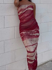 Irregular Tie Dyeing Print Tube for Women Summer Beach Party Clubwear Strapless Off Shoulder Ruched Dress InsStreet