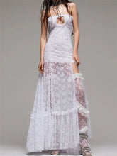 Lace Floral Halter Tie-up Off Shoulder  for Women Mesh See Through High Split Hollow Out Vestido InsStreet