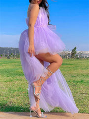 Mesh Sheer Elegant Women Formal Ball Gown Strapless Off Shoulder High Waist Asymmetrical Hem Tulle InsStreet