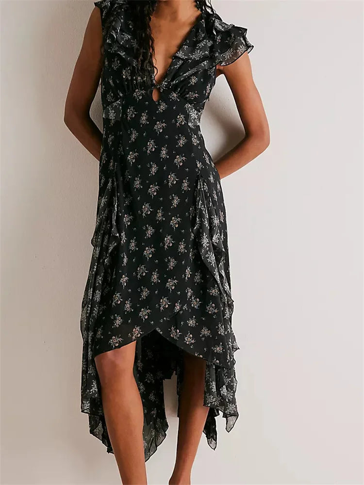 Retro Women Summer Casual Floral Print Ruffles Sleeveless V-Neck Fashion Holiday Beach Vestidos InsStreet