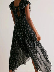 Retro Women Summer Casual Floral Print Ruffles Sleeveless V-Neck Fashion Holiday Beach Vestidos InsStreet