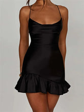 Sexy Sleeveless Strap Satin Backless Ruffles Hem Mini Dress InsStreet