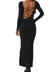 Sexy Women Backless Hollow Out Criss-cross Tie-up Sleeve Black Solid Slim Fit Party Vestidos InsStreet