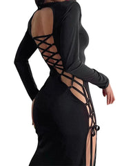 Sexy Women Hollow Out Backless Summer Sleeve High Split Tie Up Round Neck Party Vestidos InsStreet