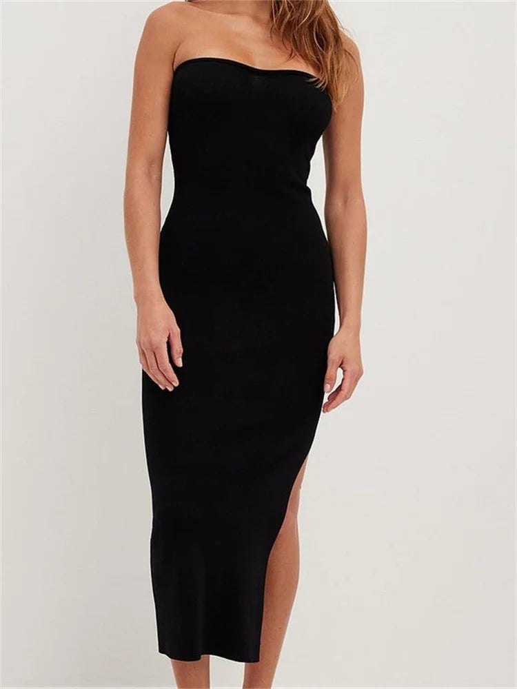 Sexy Women Tube Solid Strapless Off Shoulder Backless Summer Side Split Party Knitted Vestidos InsStreet