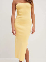 Sexy Women Tube Solid Strapless Off Shoulder Backless Summer Side Split Party Knitted Vestidos InsStreet