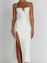 Sexy Women Ruched Lace Low Cut Sleeveless Spaghetti Strap High Split Evening Front Tie-up Vestidos InsStreet