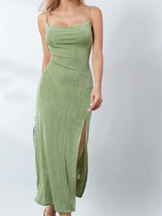 Sexy Women Summer High Split Solid Spaghetti Strap Square Neck Backless Slim Female Vestidos InsStreet