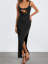 Sexy Women Summer Slim Sleeveless Lace Patchwork Low Cut Cutout Side High Split Summer Party Vestido InsStreet