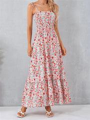 Vintage Women Sleeveless Tie-up Spaghetti Strap Floral Print Summer Party Beach Female Vestidos InsStreet