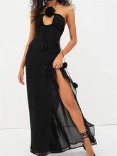 Women 3D Flowers Patchwork Halter Sleeveless Backless High Split Asymmetrical Hem Ruffles Vestidos InsStreet