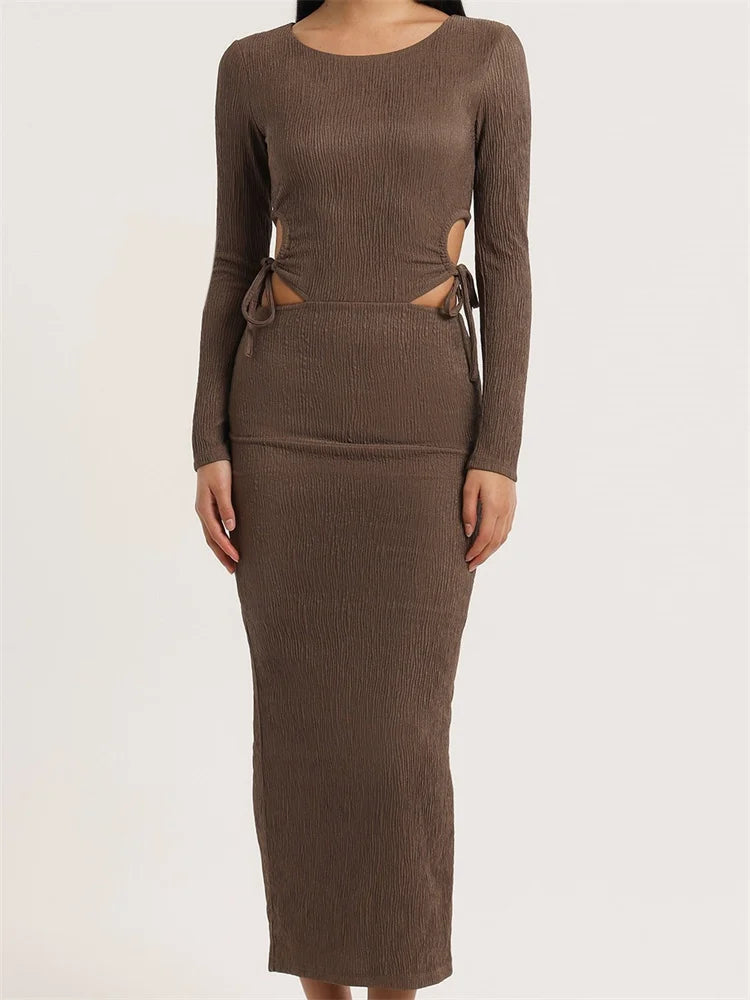 Women Autumn Knitted Slim Fit Solid Round Neck Back Split Sleeve Hollow Out Tie Up Party Vestido InsStreet