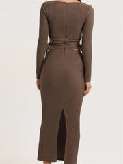 Women Autumn Knitted Slim Fit Solid Round Neck Back Split Sleeve Hollow Out Tie Up Party Vestido InsStreet