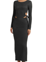 Women Autumn Knitted Slim Fit Solid Round Neck Back Split Sleeve Hollow Out Tie Up Party Vestido InsStreet