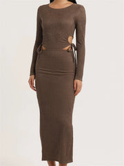 Women Autumn Knitted Slim Fit Solid Round Neck Back Split Sleeve Hollow Out Tie Up Party Vestido InsStreet