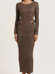 Women Autumn Knitted Slim Fit Solid Round Neck Back Split Sleeve Hollow Out Tie Up Party Vestido InsStreet