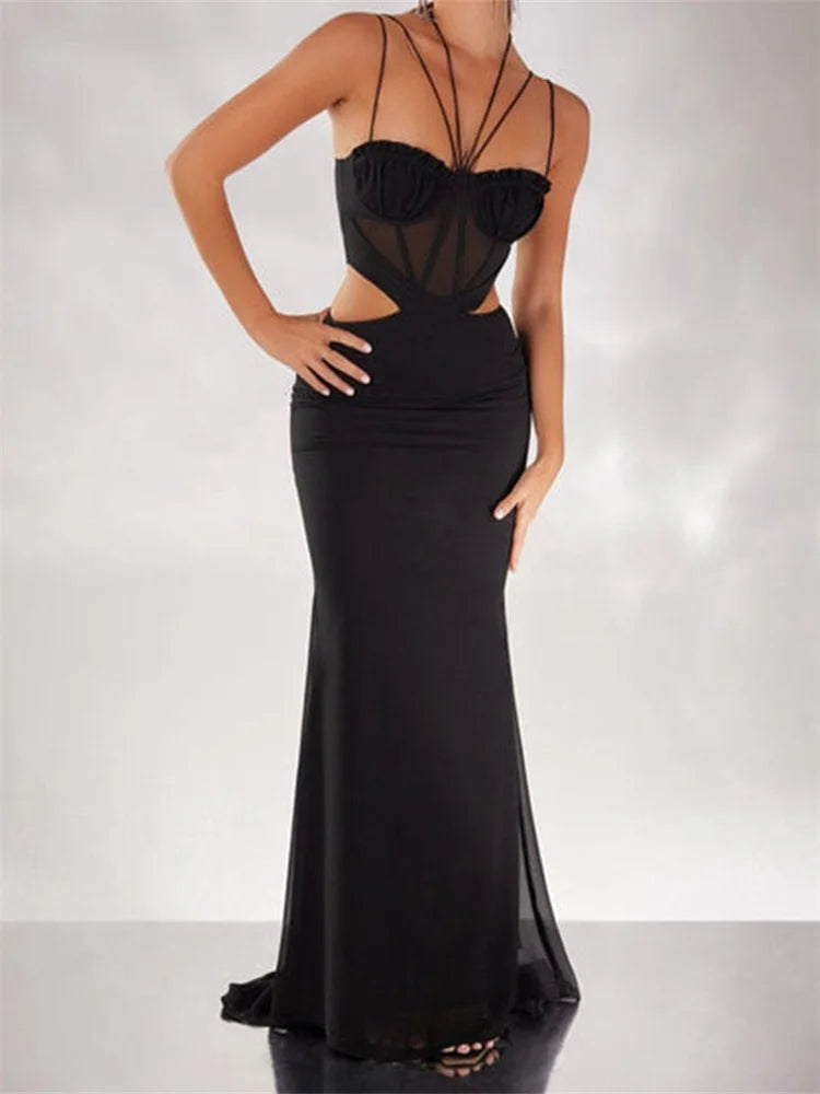 Women Black Halter Sleeveless Slim Waist Hollow Out Spaghetti Strap Evening Summer Female Vestidos InsStreet