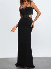 Women Black Halter Sleeveless Slim Waist Hollow Out Spaghetti Strap Evening Summer Female Vestidos InsStreet