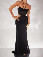 Women Black Halter Sleeveless Slim Waist Hollow Out Spaghetti Strap Evening Summer Female Vestidos InsStreet