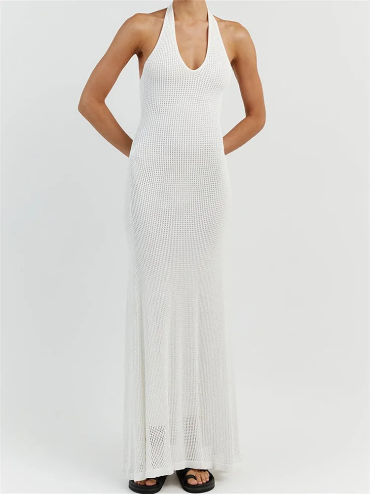 Women Bodycon Solid Deep V Neck Halter Sleeveless Backless Knitted Summer Holiday Beach Vestido InsStreet