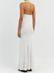 Women Bodycon Solid Deep V Neck Halter Sleeveless Backless Knitted Summer Holiday Beach Vestido InsStreet