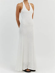 Women Bodycon Solid Deep V Neck Halter Sleeveless Backless Knitted Summer Holiday Beach Vestido InsStreet