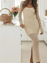 Women Bodycon Lace See Through Hollow Out O-neck Sleeve Back Split Party Female Vestidos InsStreet