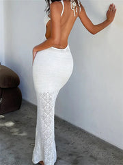 Women Crochet Knitted Hollow Out Backless Spaghetti Strap Halter Lace-up Beachwear Female Vestidos InsStreet