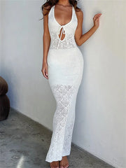 Women Crochet Knitted Hollow Out Backless Spaghetti Strap Halter Lace-up Beachwear Female Vestidos InsStreet